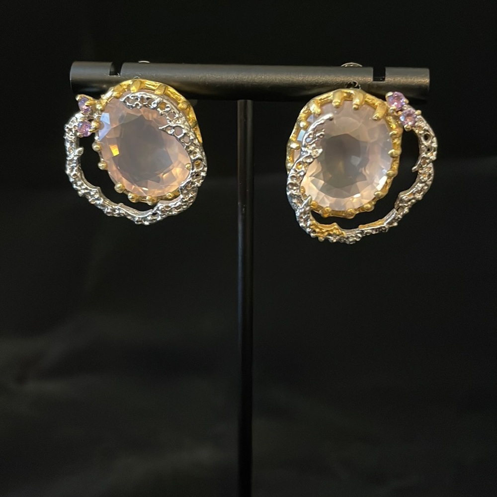 Silver and rose quartz earrings, gold accent large